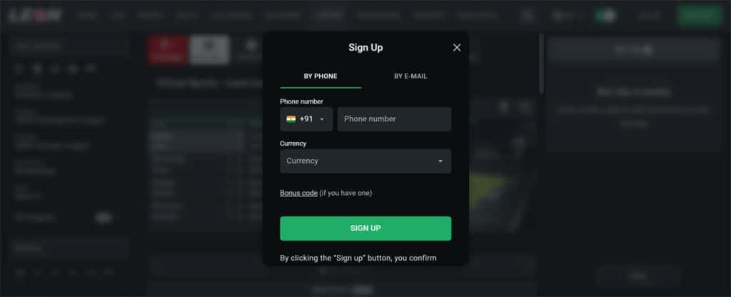 Leonbet India Registration page